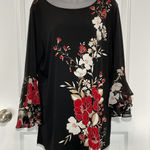 Susan Graver  Black Floral Bell Sleeve Blouse Top XL Shirt Blouse Career Work Photo 0