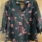 Skies Are Blue  Dark Green Blouse with Pink and Purple Floral Design Photo 0