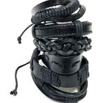 6 Black Dyed Leather Braided Adjustable Bracelets Black Photo 0