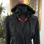 Ruff Hewn  Black Trench Coat Hoodie Belted Pocket Long Sleeve 3 Buttons Front Photo 2
