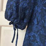 THEIA METALLIC JACQUARD MIDI DRESS Size‎ 4 Cloque Metallic Puff Sleeves $650 Blue Photo 4