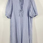 H&M  Linen Blend Stripe Midi Dress 2XL Blue White Puff Sleeve Tie Front Sundress Photo 0
