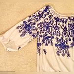 Perceptions PerSeption top blouse - petite large - blue and off white filigree pattern Photo 5