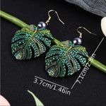Bohemian Style Green Leaf Drop Earrings With Imitation Pearl Hollow Photo 12