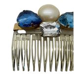 Vintage Hair Comb Gold Tone Faux Pearl Clear Blue Rhinestones Made in Italy Photo 1