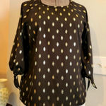 PaperMoon Blouse Large Elegant Black Top with Gold Foil Pattern Tie 3/4 Sleeves Photo 0