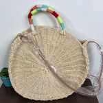 J.Crew NEW Woven Rattan Straw Circle Handbag With Pom Poms Tote Photo 5
