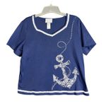 Alfred Dunner  Petite Navy Anchor Embellished V-Neck T-Shirt Top PL Photo 0