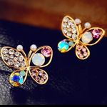Multicolor crystal Butterfly Stud Earrings goldtone Pink Photo 3