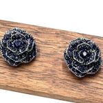 Retro Blue Floral Gold Trim Sparkling Solid Earrings Photo 1
