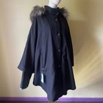 The Fur Vault Black Cape Jacket Silver Fox Trim Hood Made in Greece Size 44 Photo 6