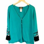 Bob Mackie Wearable Art Open Cardigan Teal Green Long Sleeves Embroidered Fringe Photo 3