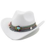 White Western Cowboy, Cowgirl Hat, Bead Tassle Strap, Men Women Retro Wide Brim‎ Photo 0
