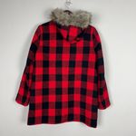 J Crew Jacket Womens 6 Red Vail Parka Coat Buffalo Check Plaid Faux Fur Hood Photo 4