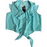 Iris Los Angeles Aqua blue Top Sheer Sleeveless Lace Knot Tie Large Photo 4