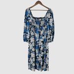J.Crew Linen Daydream Midi Dress Large Zinnia Floral Blue Smocked Puff Sleeve Photo 2