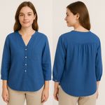 Old Navy  Linen Blend Top Button Down‎ 3/4 Sleeve Casual Blue Shirt XL Coastal Photo 1