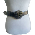 Chicos Leather Black Gold Metallic Large Buckle Belt Size S Retro Black Photo 0