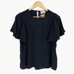 Sézane  Matty Ruffle Silk Short Sleeve Blouse | Sz FR 38 (US 6) | Navy Blue Photo 1