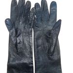 1960s French Cocktail Long Black Leather Ladies Gloves Vintage Below Elbow Photo 8