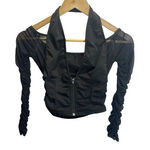 SheIn Womens S Black Cropped Long Sleeve Blouse Cut Out Halter Zip Front Stretch Photo 0