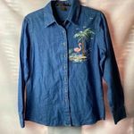 HARRITON WO SIZE M DENIM BUTTON DOWN SHIRT FLAMINGO WITH GLITTER CRYSTAL… Blue Size M Photo 1