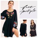 Free People  Boho Black Floral Embroidered Long Balloon Sleeve Mini Dress Photo 1
