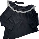 Parker Blouse Womens Medium Black Bellini Silk Contrast Collar Lace Trim Top Photo 2