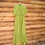 Mac Duggal   Green Ruffled Mock Neck Flutter Sleeve High Low Hem Gown Photo 4