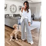 Aerie Striped Crochet Knit Party Pants Ivory Navy Blue Wide Leg Large NWT Photo 5