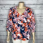 Adeline East  NWT Size 2X Pink & Blue Floral Print Ruffle Trim V-Neck Blouse Top Photo 0