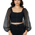 Topshop  Puff Sleeve Organza Crop Top Womens 8 Black Gothcore Feminine Whimsygoth Photo 0