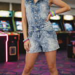 VINTAGE‎ Y2K Acid Wash Stretch Denim Coverall Mini Dress Size Medium Blue Photo 1