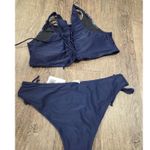 Cupshe  NWT Navy Blue Green White Halter Top Corset Back Bikini Swim Set XL Suit Photo 4