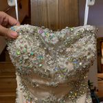 Beaded Lace Bodycon Strapless Dress with Train Tan Size 0 Photo 3