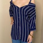 Love j  Navy Blue Stripped Long Sleeve Strap Long Blouse Button up size S Photo 1