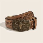 Western Bull Head Buckle Unisex Belt Vintage Embossed Brown PU Leather Belt Size M Photo 6