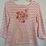 Talbots  Women's Floral Stripe Crew Neck 3/4 Sleeve Top Pink White Petite Size SP Photo 0