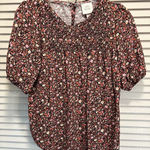 Knox Rose Floral Smocked Short Puff Sleeve Blouse Size Small Keyhole Blk/Pink Photo 0