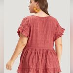 Bloom chic coral textured short ruffle/hem sleeves vneck faux button blouse Photo 1