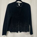 Chico's  Black Suede Leather Laser Cut Lace Hem Jacket Size 1 M Boho Western Chic Photo 0