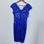 Tadashi Shoji Bright Cobalt Blue Embroidered Lace V Neck Sequin Cap Sleeve Photo 3