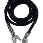 Vintage Black Rope Belt Silver Angel Wing Charm Tassels 69" Fairy Grunge Gothic Photo 0