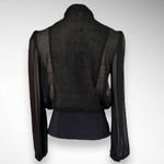 AN'GE Black Long Sleeve Semi Sheer High Neck Blouse W/ Pleated Detailing | EUC Photo 3