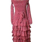 Likely Mitzie Ruffle Tiered Midi Dress Size 10 | Red Floral Off Shoulder Smocked Photo 0