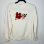 Cream Crew Neck Sweatshirt Poinsettia Applique Design Christmas Sz Medium Red Photo 0