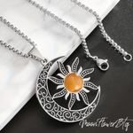 Silver Crescent Moon & Sun Amber Pendant Necklace Photo 2