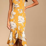Lulus Darling Daylily Mustard Yellow Floral Print High-Low Maxi Dress Photo 0