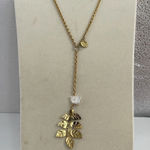 Vintage ZAG freshwater pearl etched leaf Y drop necklace. Gold Photo 0