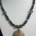 Vintage Fossil Coral Pendant Necklace Hematite Smoky Quartz Beads Estate 18" Gray Photo 0